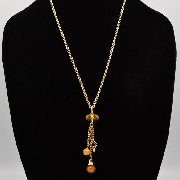 Givenchy Vintage Cabochon Necklace Gold Beaded Tassel Station Signed 1980s BinR